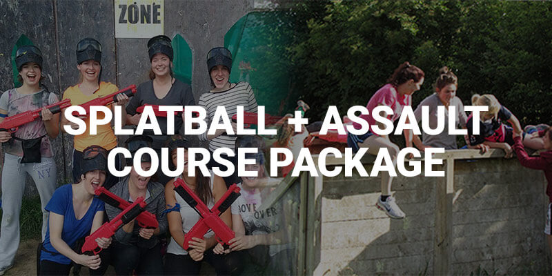 hen-assault-splat Hen Parties Kilkenny Banner ad for Splatball and Assault Course Package with a group of hens holding Splatball guns and other ladies climbing a wall on the obstacle course.