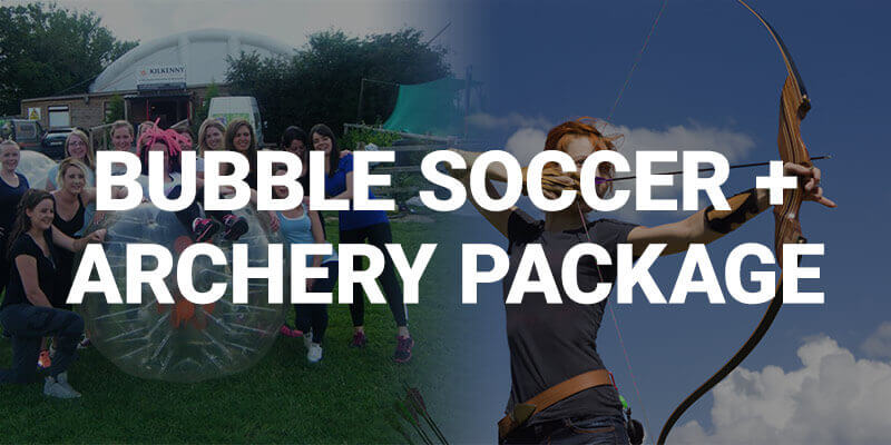 hen-darts-bubble Banner ad for Bubble Soccer + Archery Package with la hne party in the background posing with a bubble ball and another lady shooting a bow and arrow.